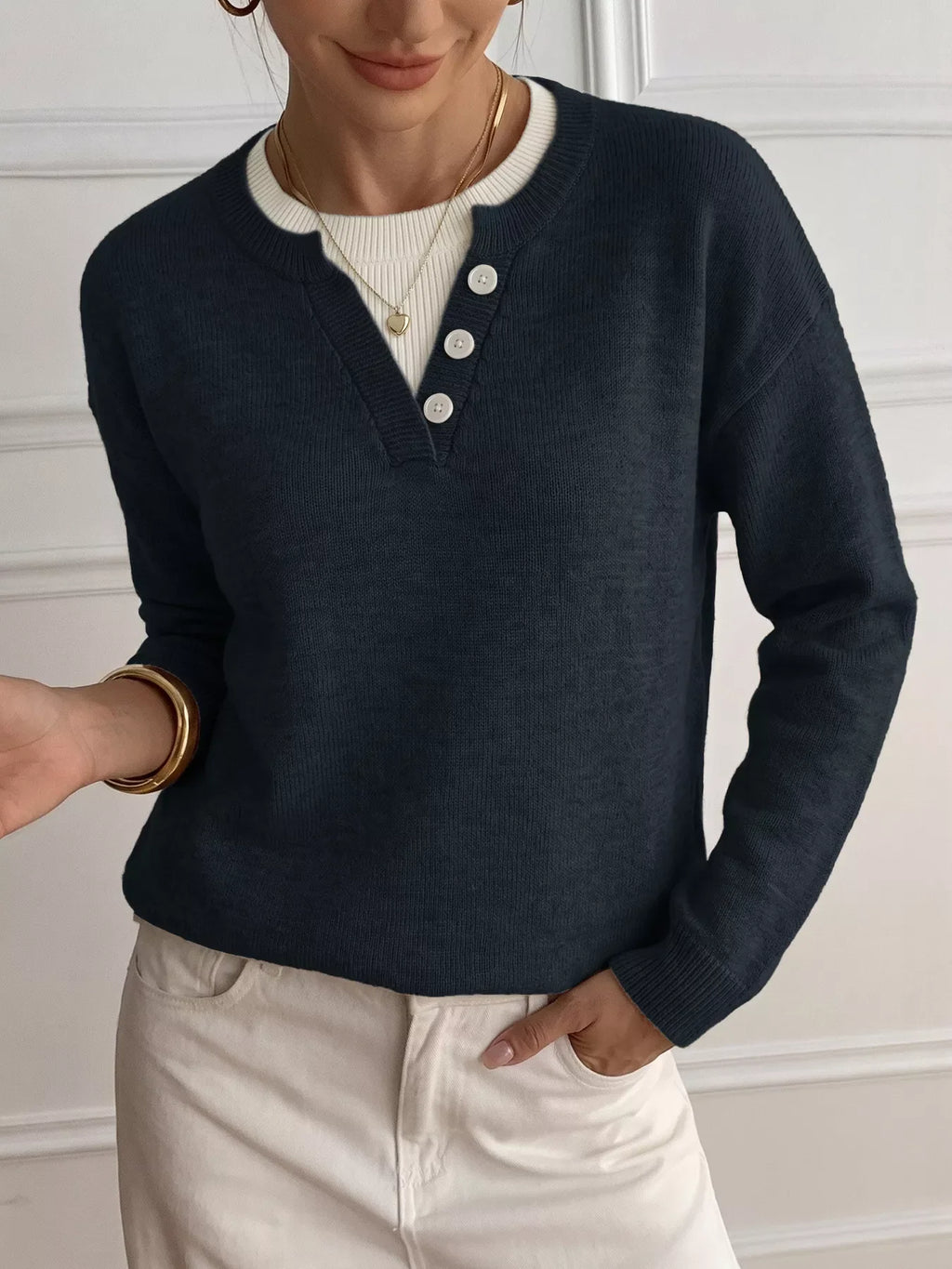 Dropped Shoulder Decorative Button Sweater