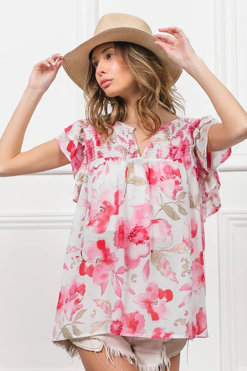 BiBi Floral Print Flutter Sheer Top