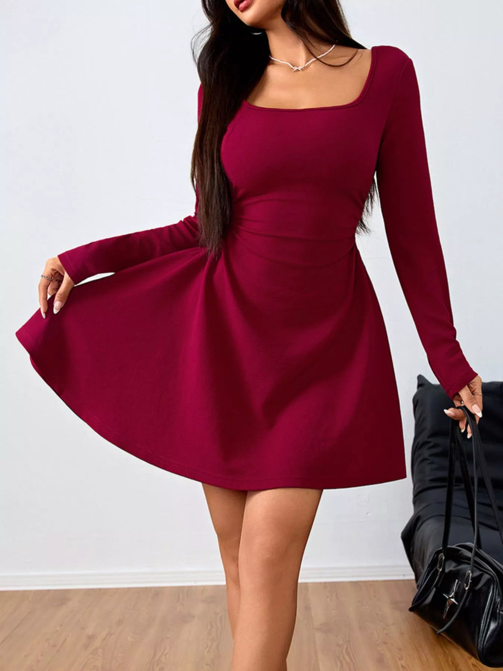 Square Neck Long Sleeve Ruched Waist Mini Dress