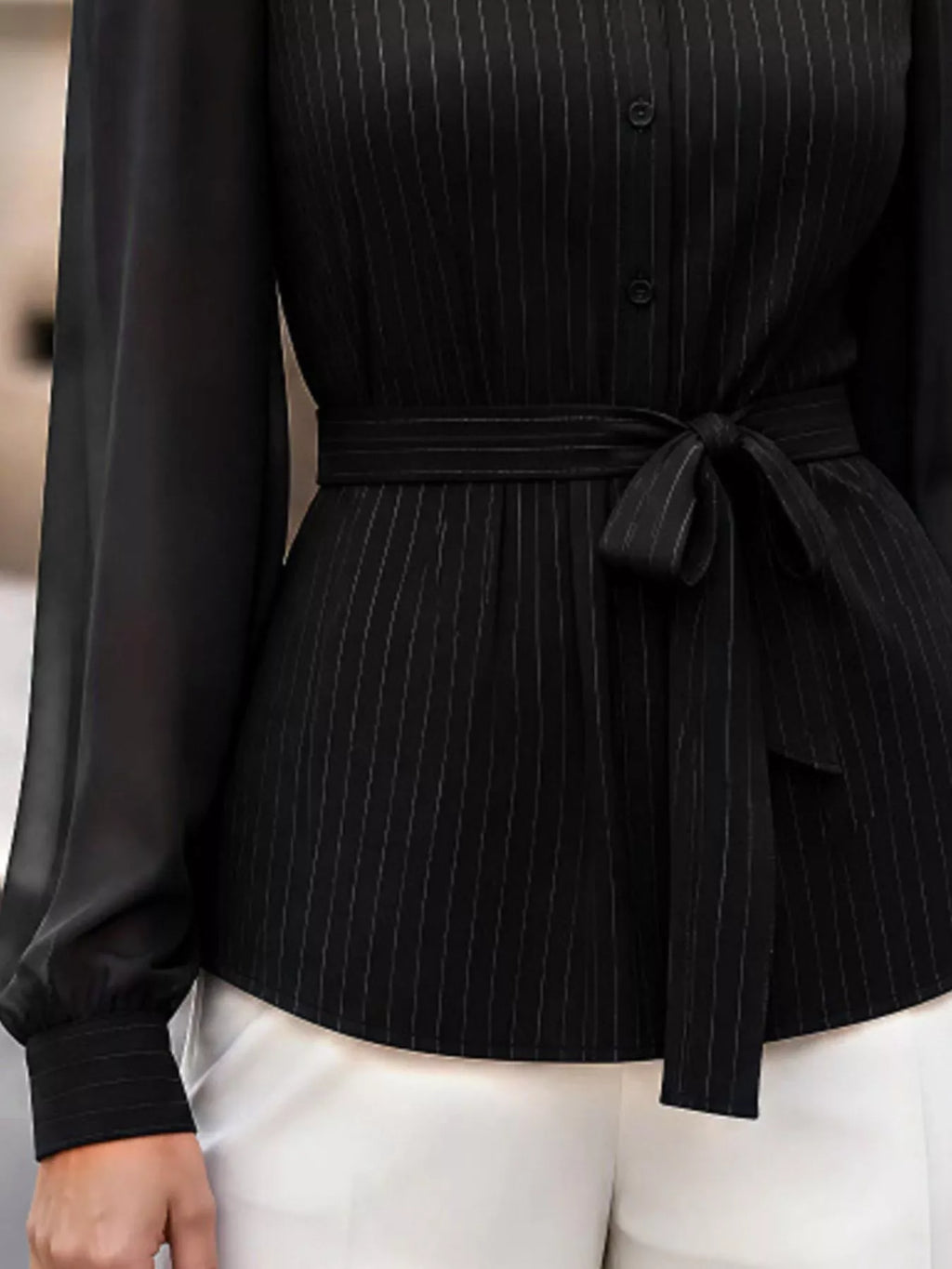 Striped Tie Waist Long Sleeve Shirt