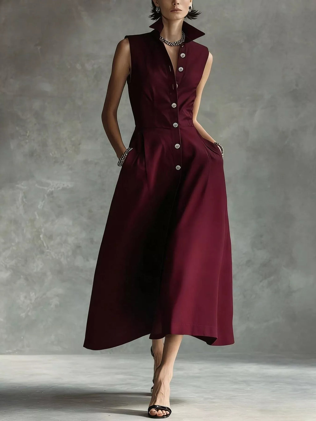 Sleeveless Button-Down Midi Shirt Dress