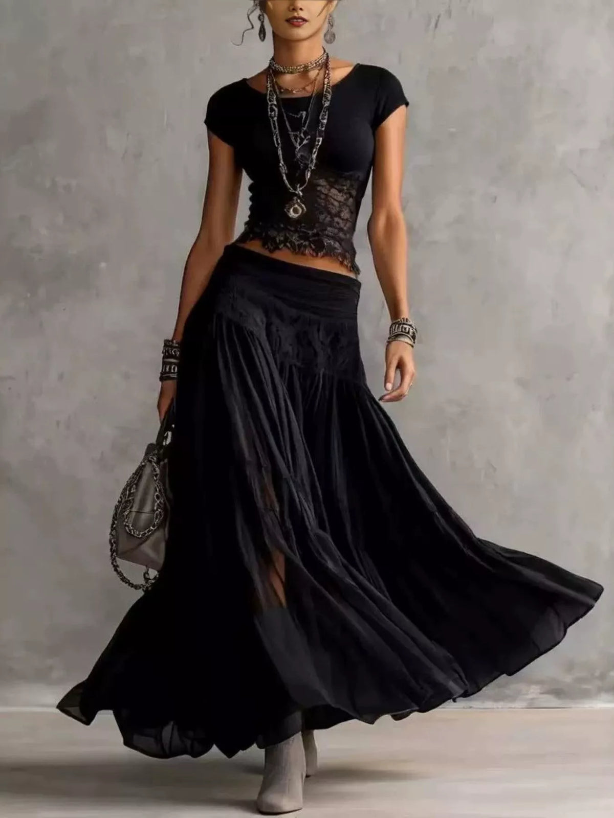 Lace Slim Fit Top and Maxi Skirt Set