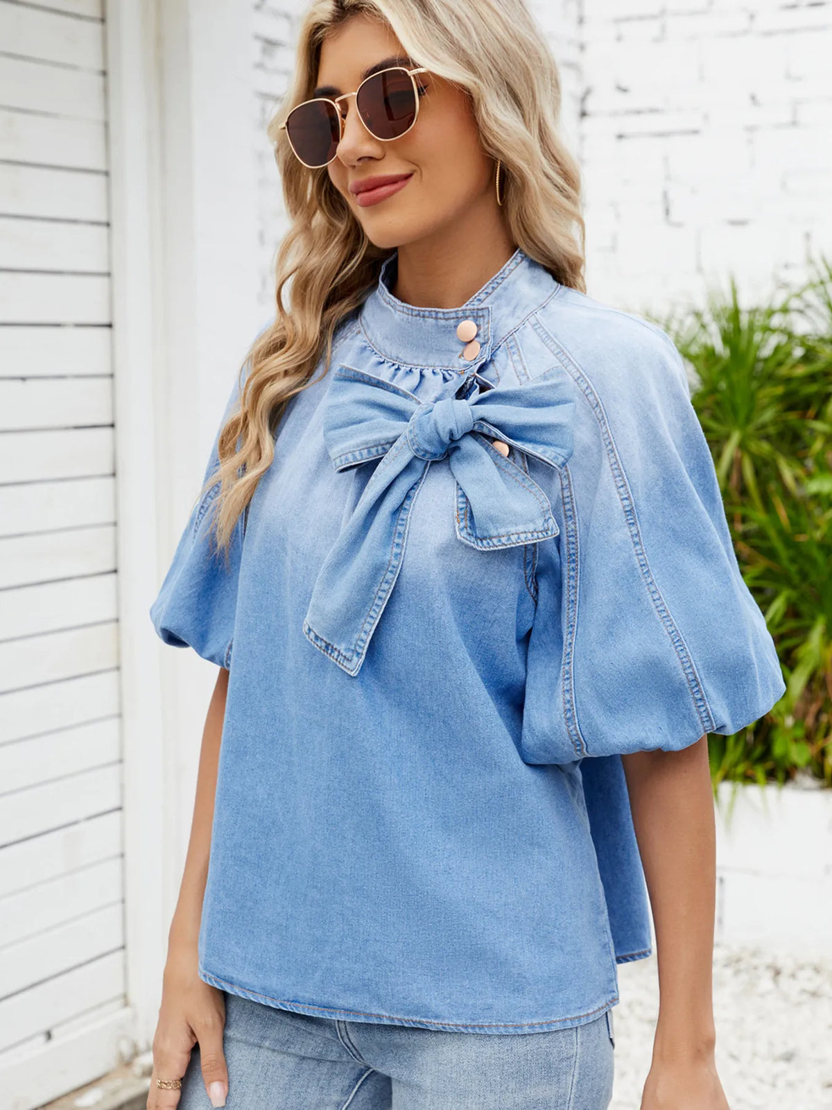 Denim Bow Tie Puff Sleeve Top