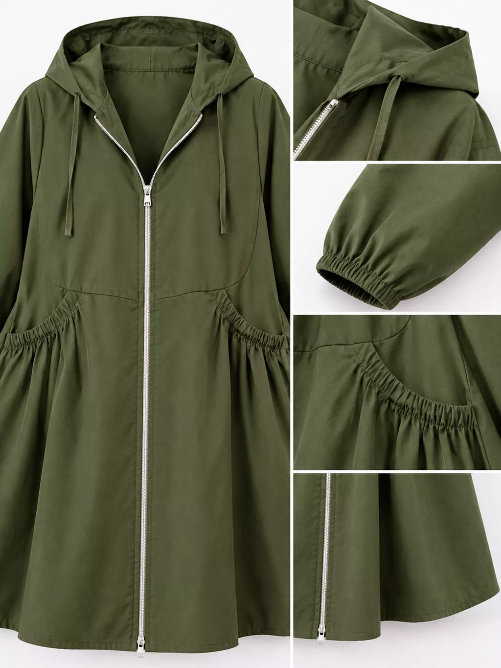 Plus Size Hooded Zip-Up Longline Windbreaker Outerwear