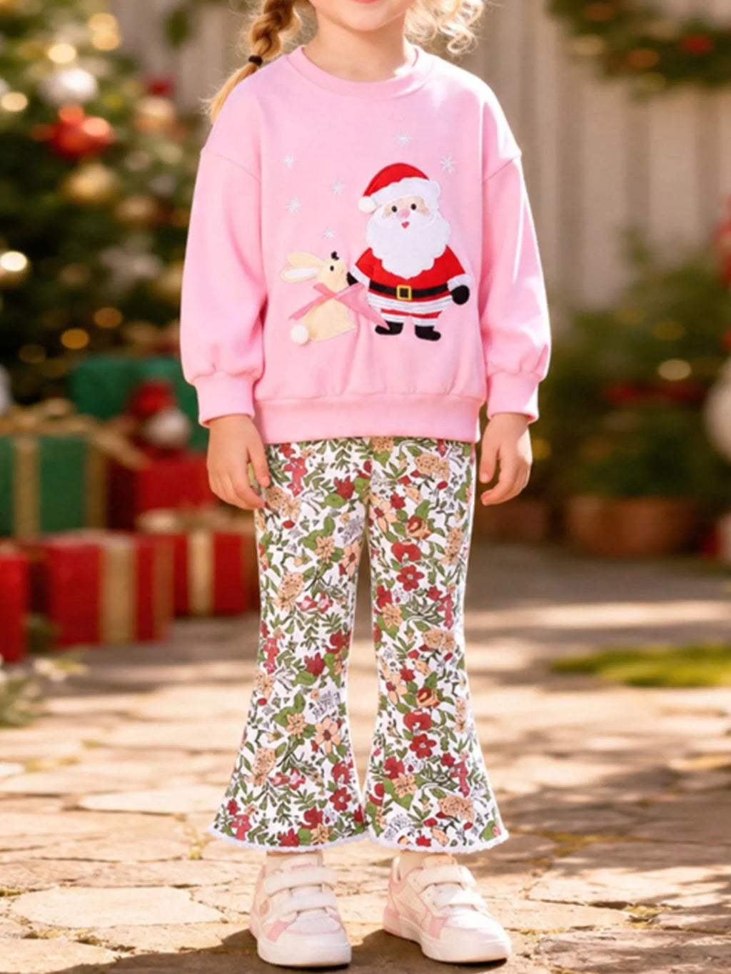 Children's Christmas Santa Graphic Sweatshirt and Floral Flare Pants Set