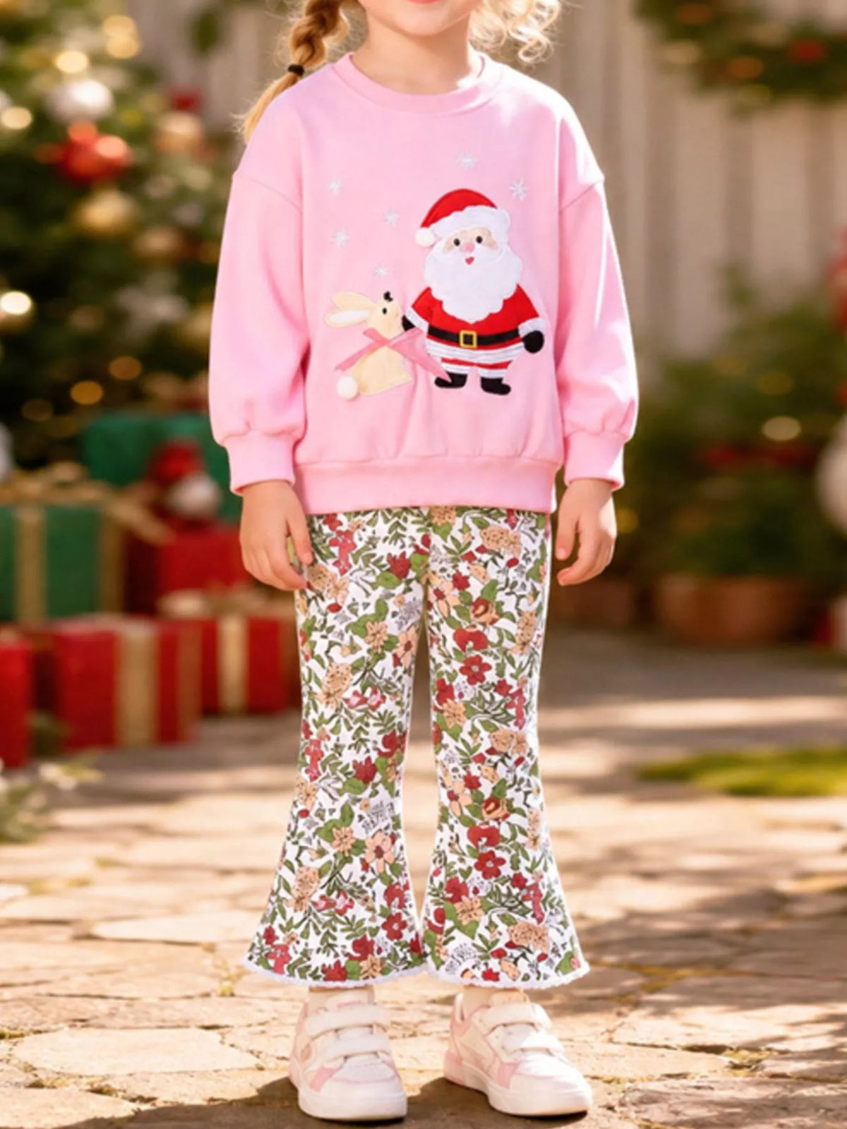 Children's Christmas Santa Graphic Sweatshirt and Floral Flare Pants Set