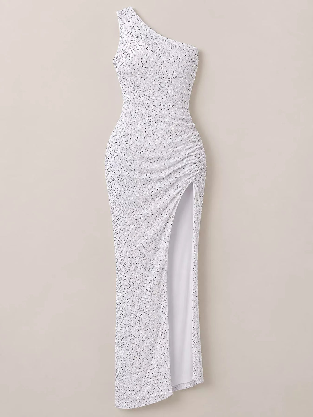 One-Shoulder Ruched Sequin High-Slit Evening Dress