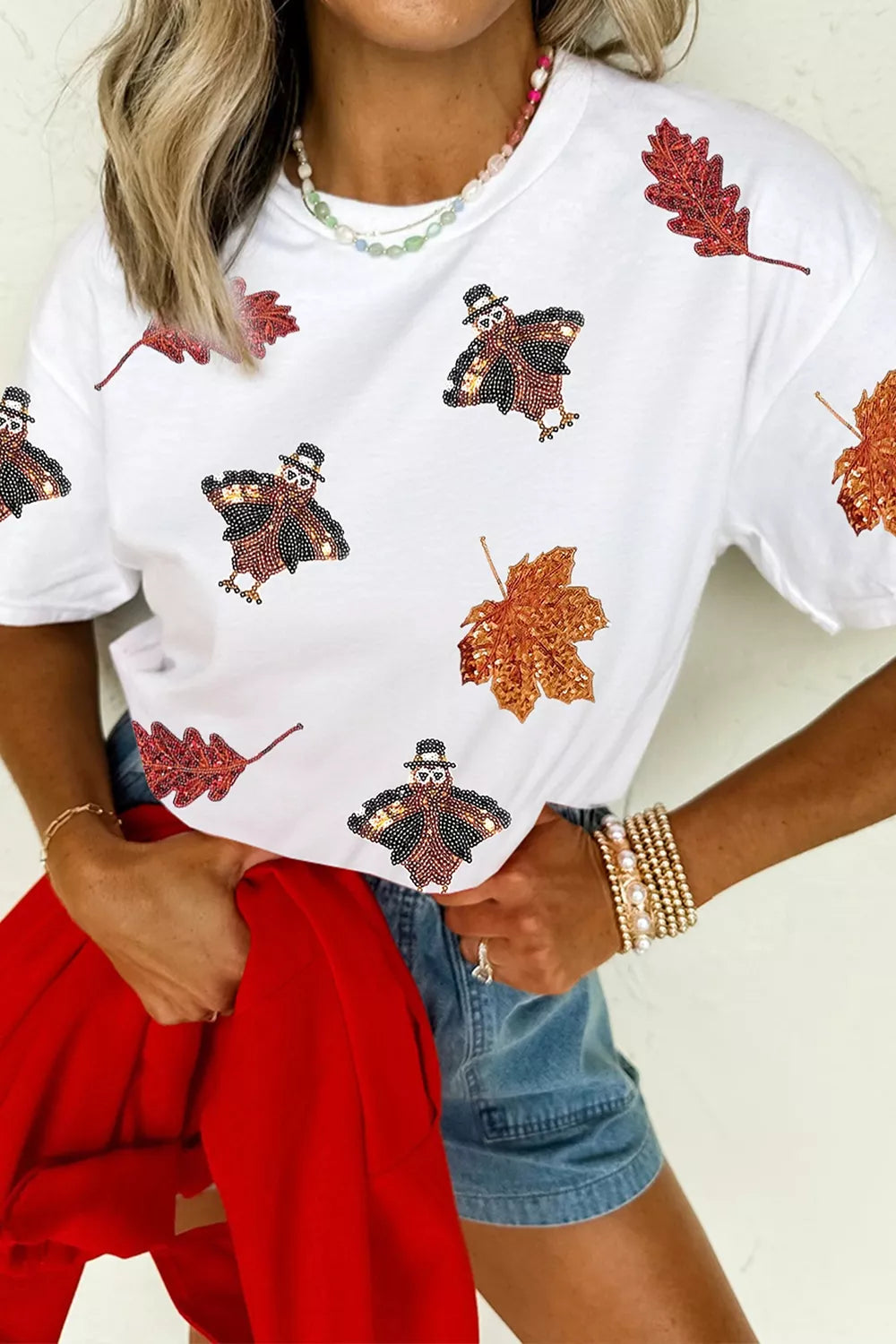 Full Size Sequin Autumn Leaf Thanksgiving Turkey T Shirt Plus Size