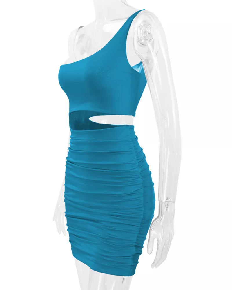 One-Shoulder Cutout Ruched Bodycon Mini Dress