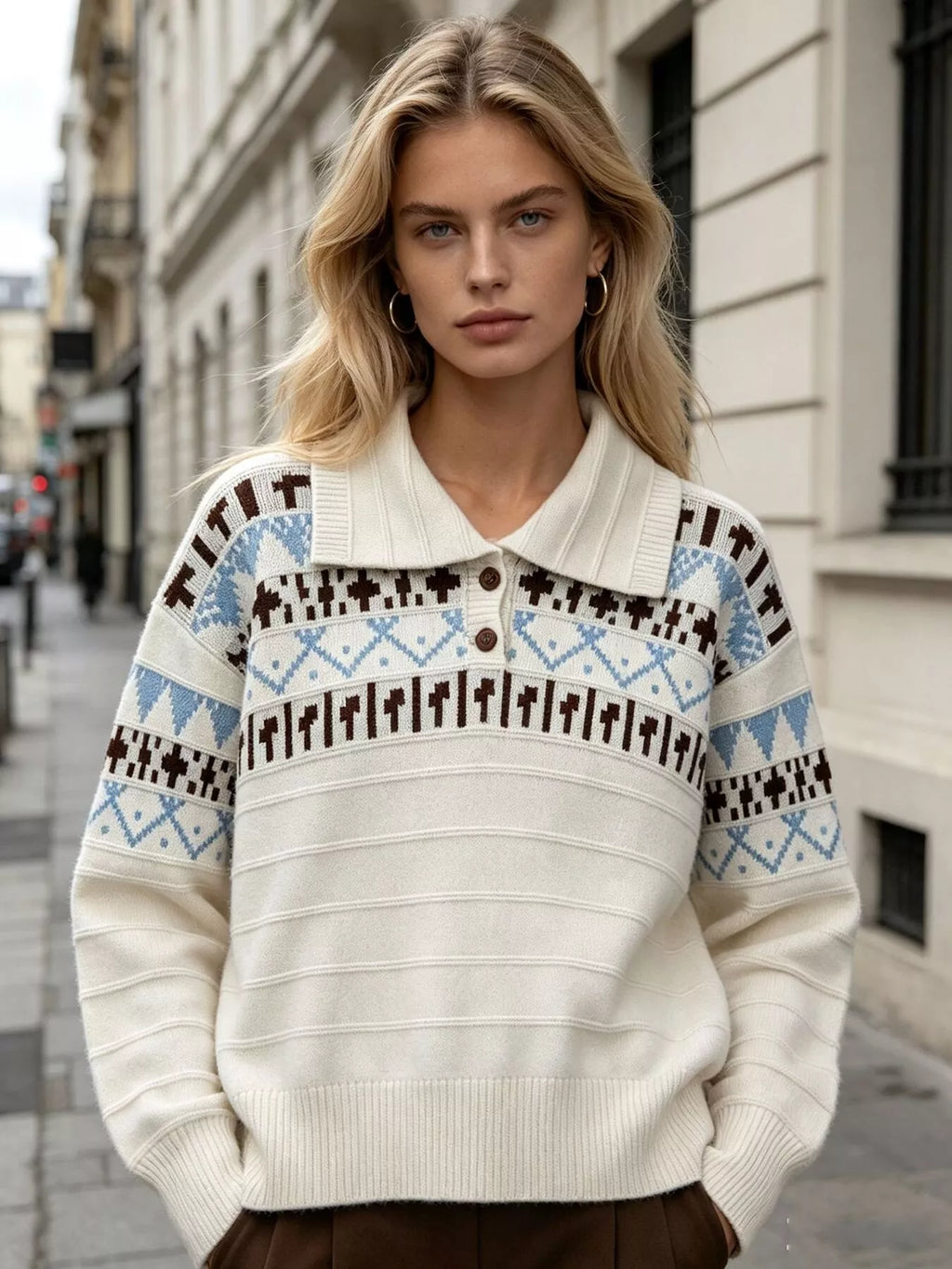 Vintage-Inspired Fair Isle Patterned Polo Sweater