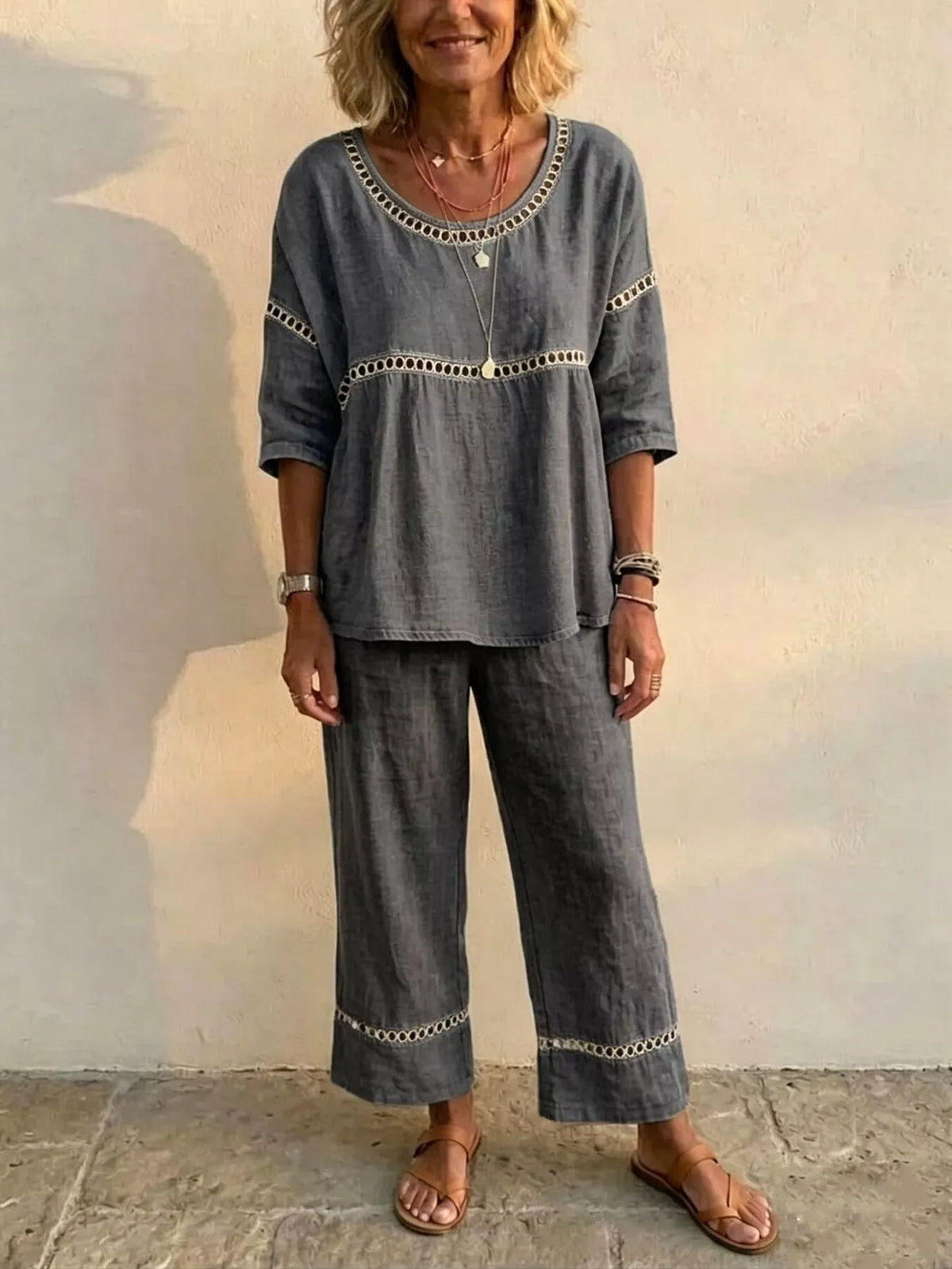 Full Size Hollow-Out Detailing Top and Pants Set Plus Size