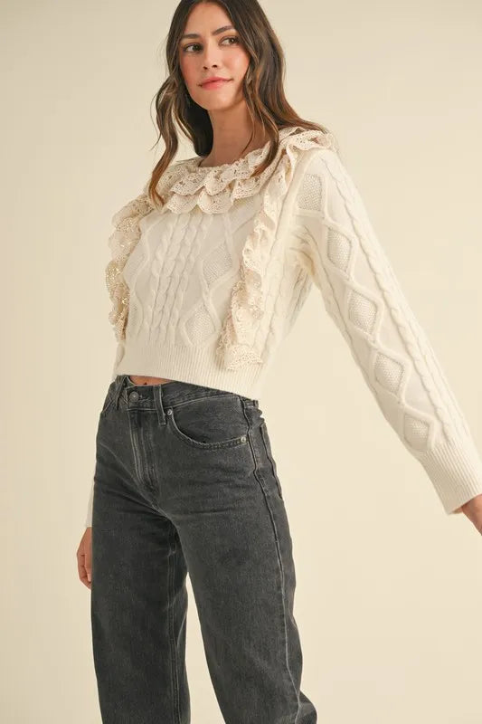 MABLE Ruffled Lace Crochet Sweater