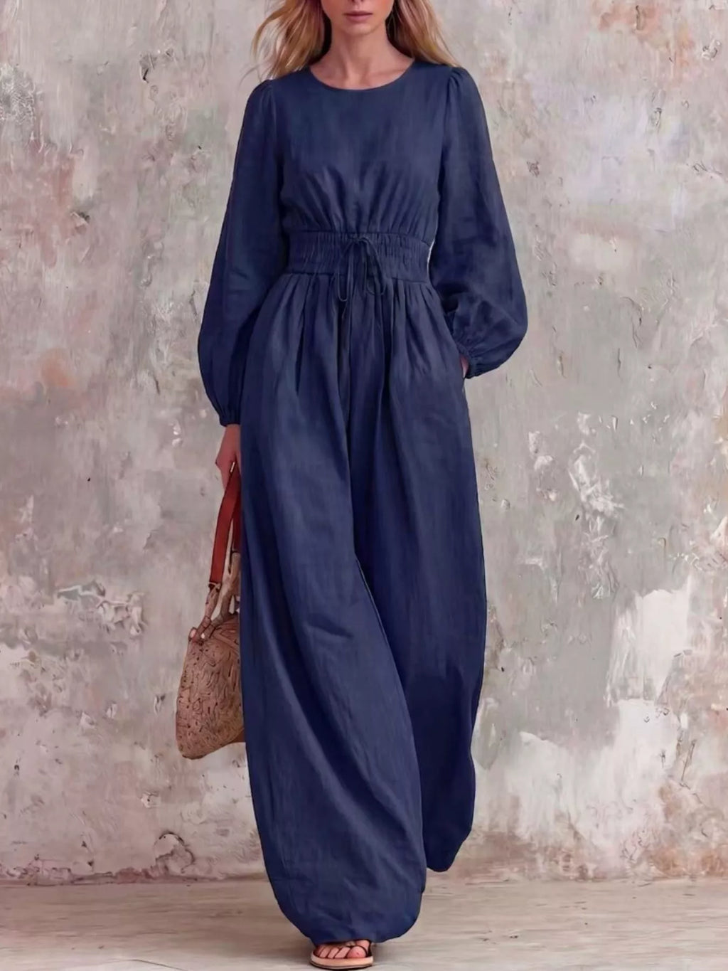 Smocked Waist Long-Sleeve Jumpsuit