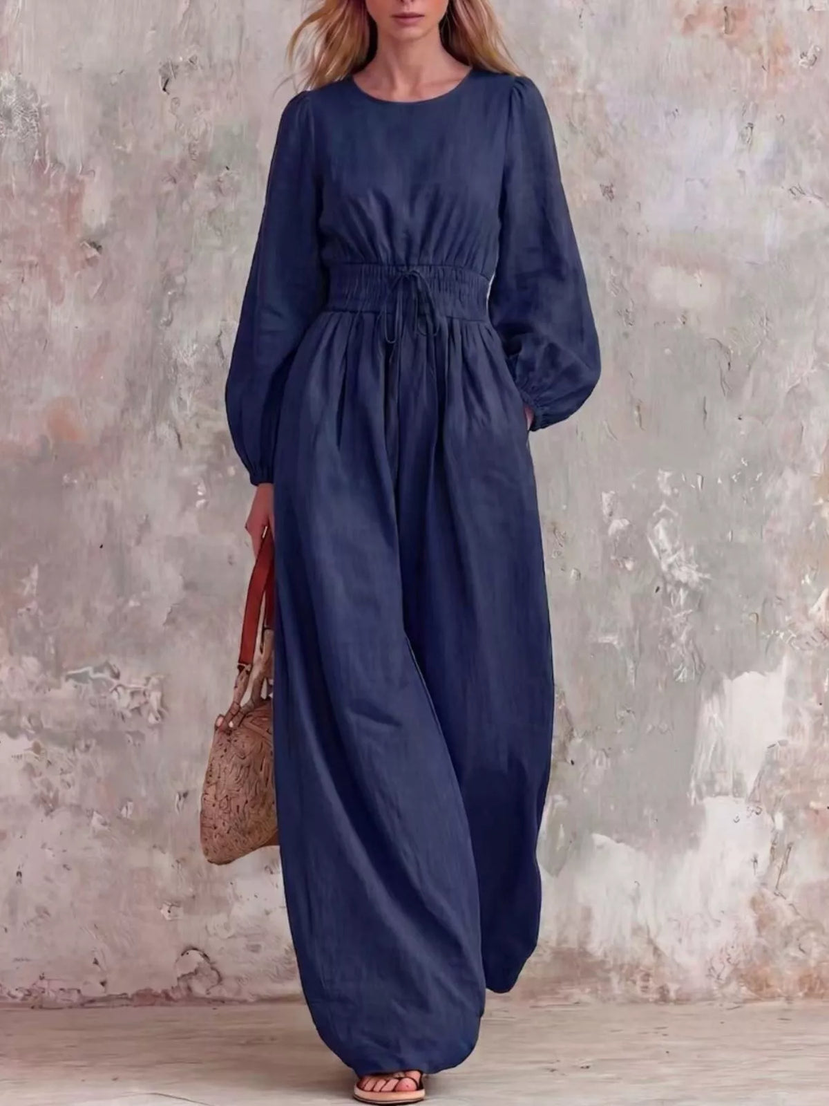 Smocked Waist Long-Sleeve Jumpsuit