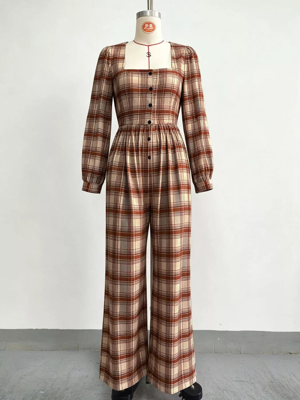 Plaid Square Neck Long Sleeve Wide-Leg Jumpsuit