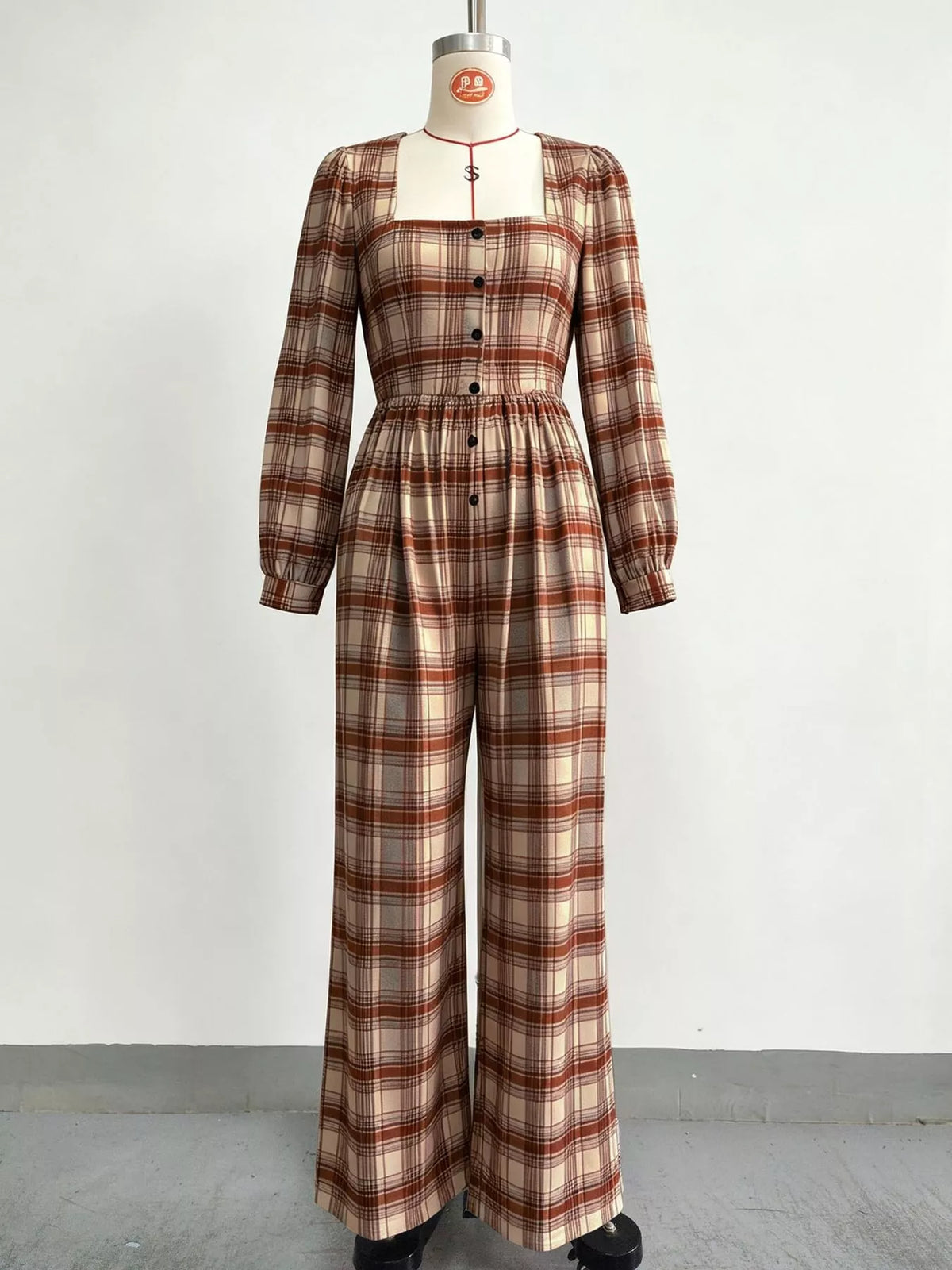 Plaid Square Neck Long Sleeve Wide-Leg Jumpsuit