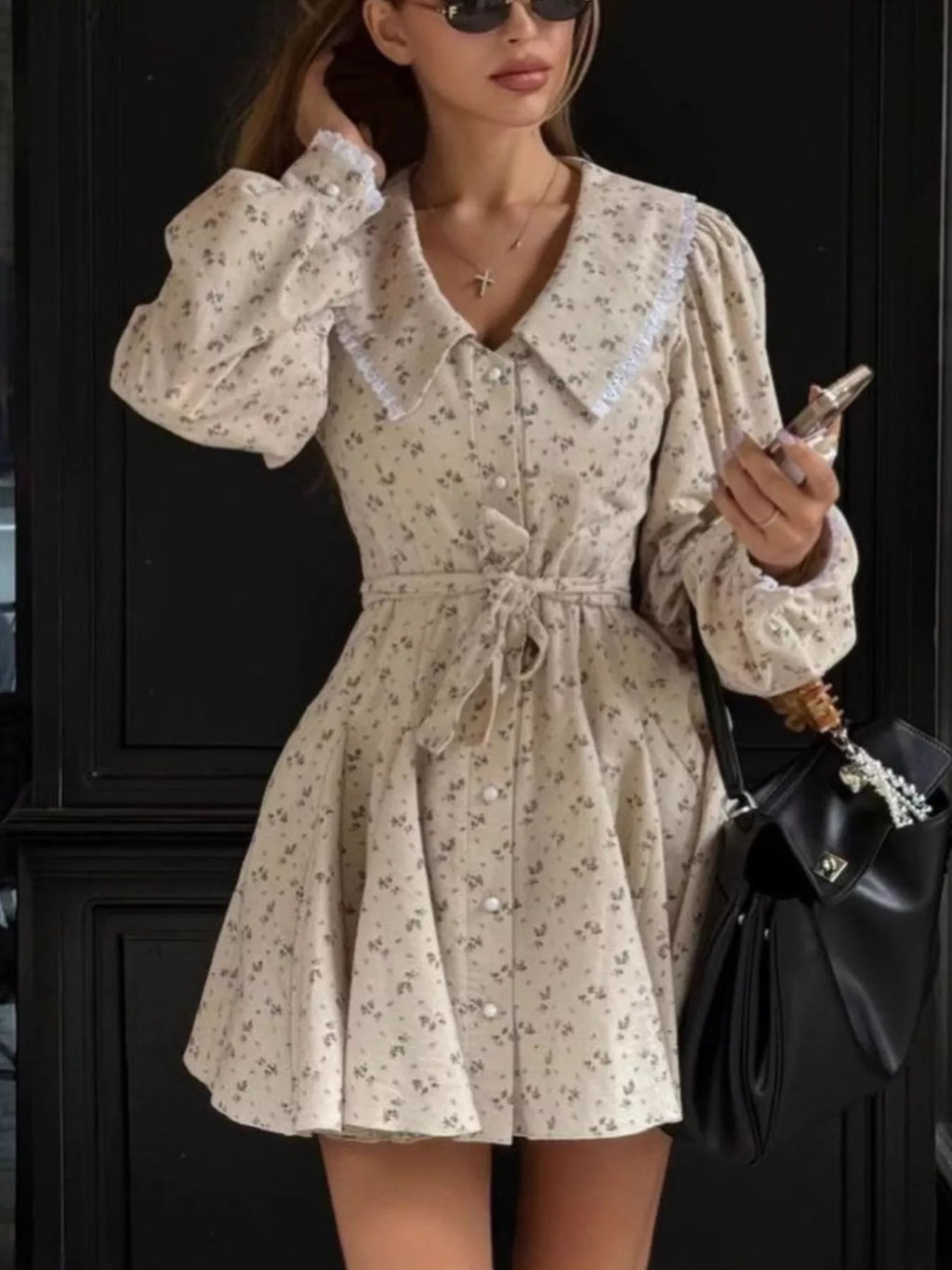 Floral Print Puff Sleeve Button-Down Mini Dress