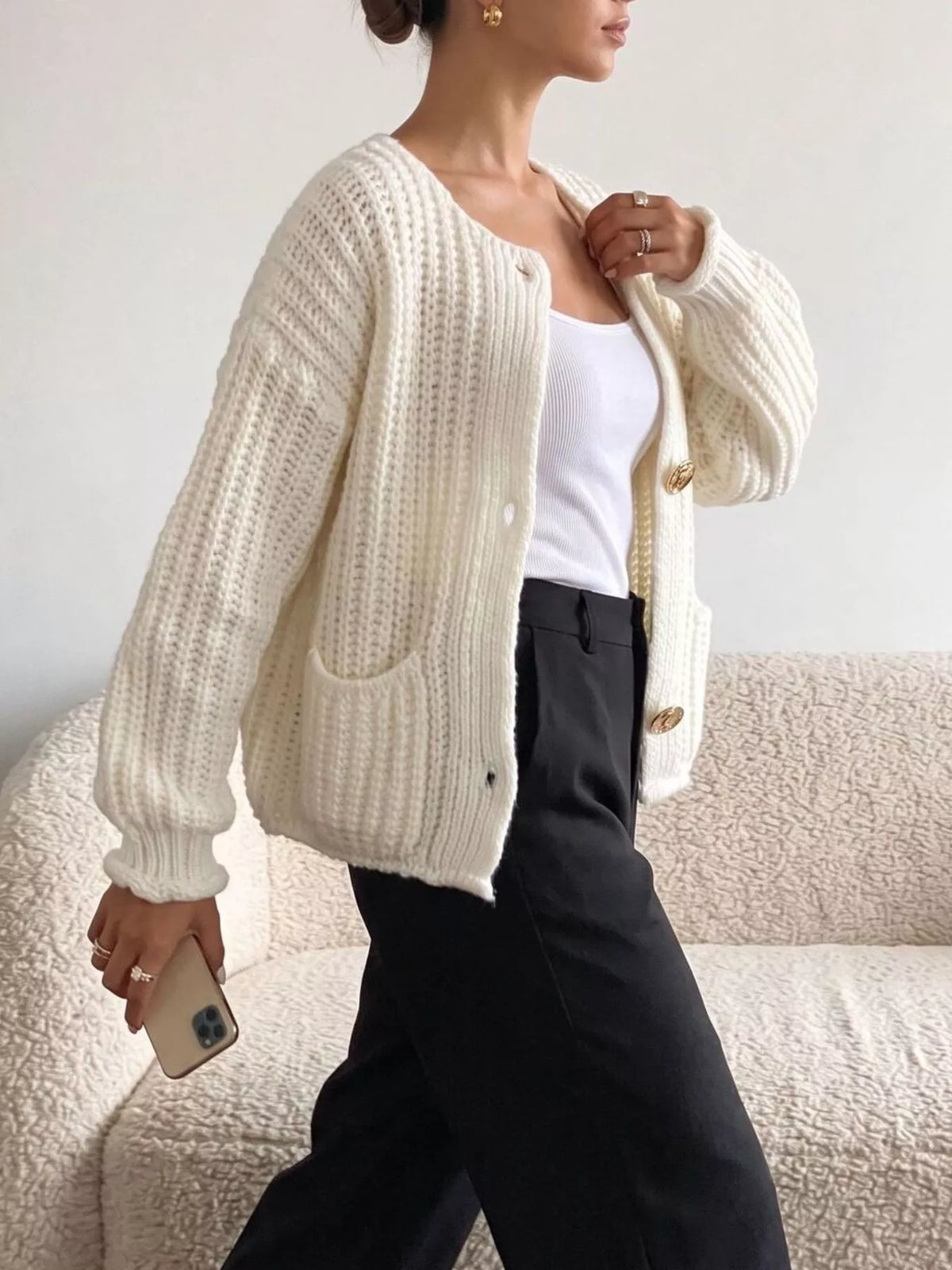 Ribbed Knit Cardigan with Gold-Tone Buttons