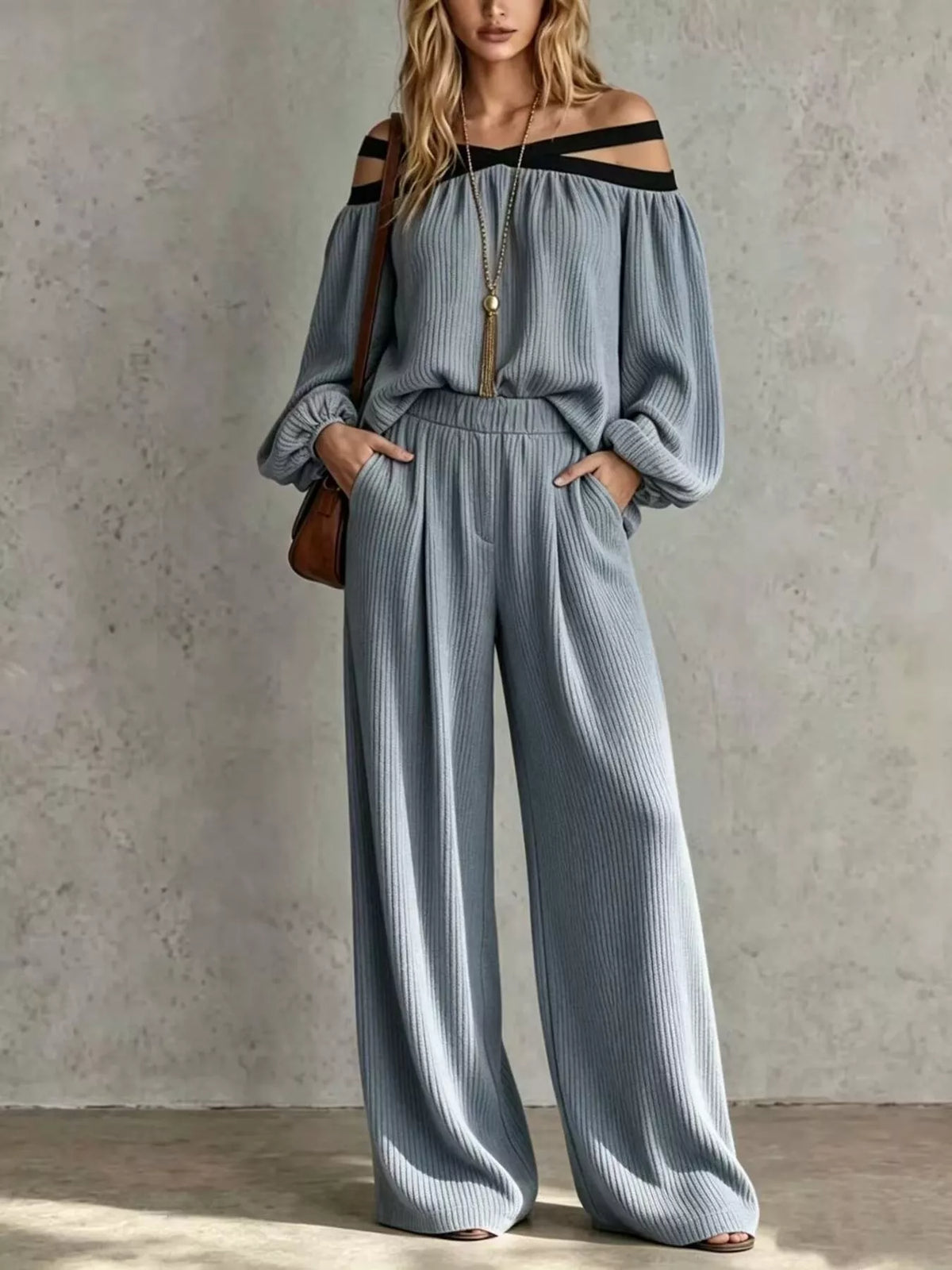 Off-Shoulder Crisscross Cutout Ribbed Knit Top and Wide-Leg Pants Set