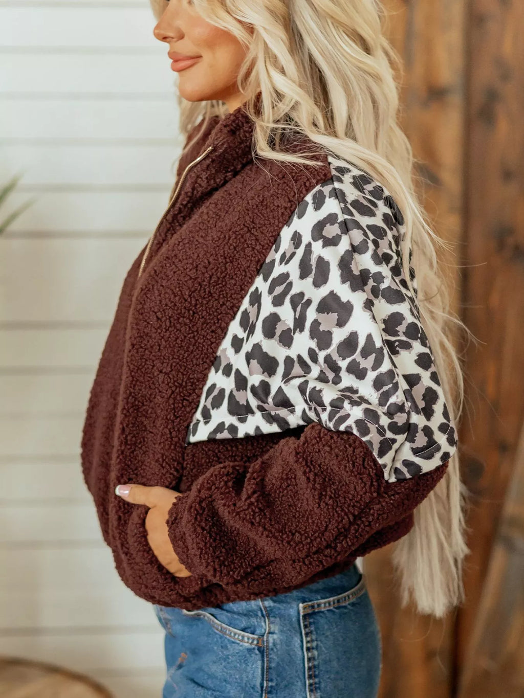 Leopard Patchwork Fleece Western Style Zip-up Collar Jacket