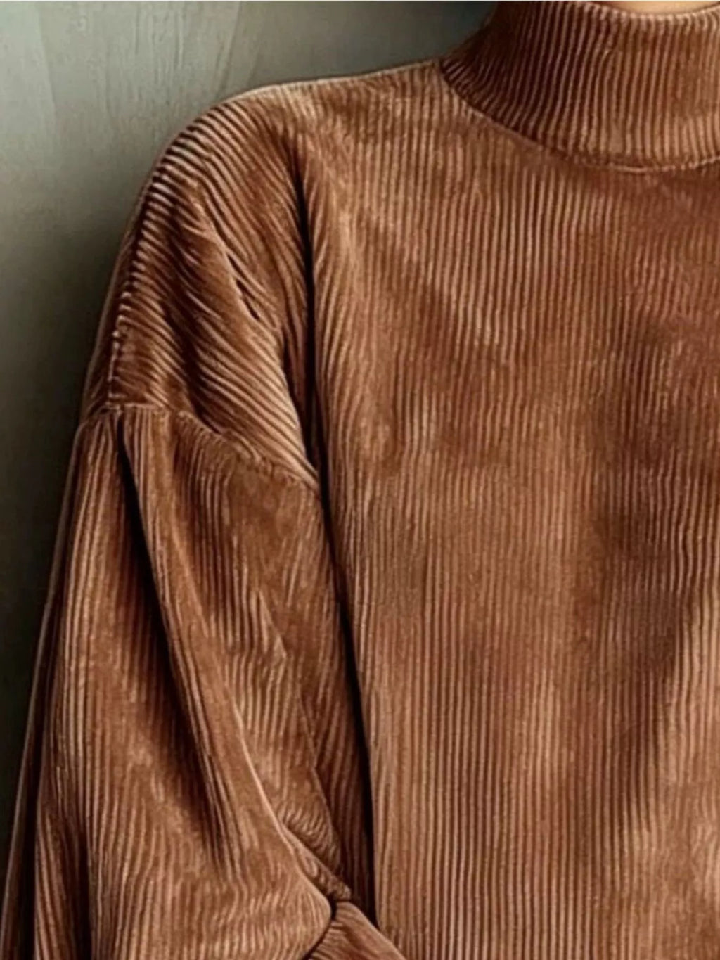Full Size Corduroy Mock Neck Lantern Sleeve Mini Dress Plus Size