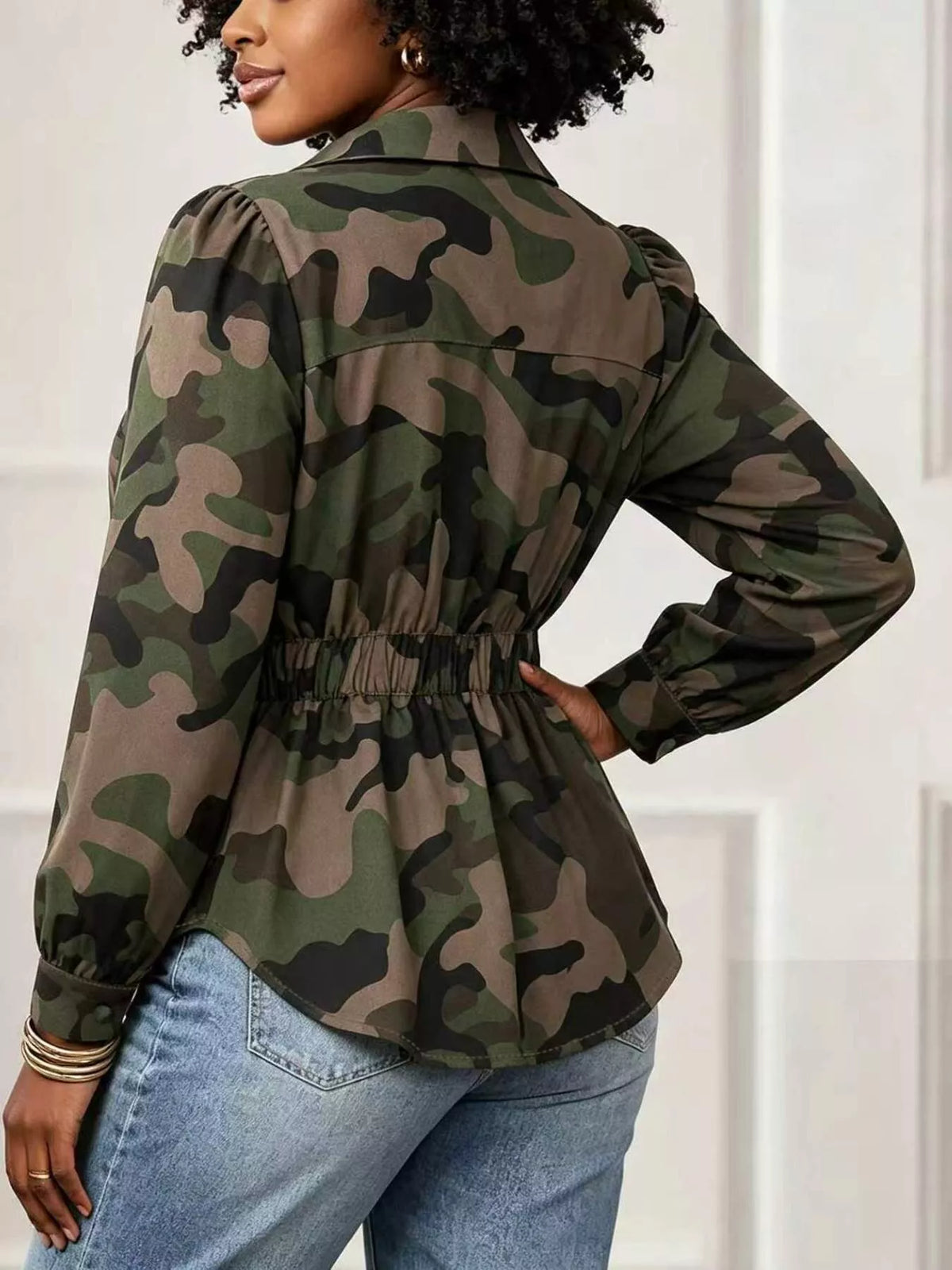 Camouflage Button Front Long Sleeve Blouse