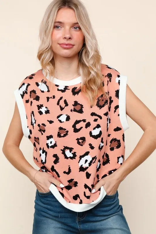 Haptics Leopard Print Dolman Cap Sleeve Knit Top