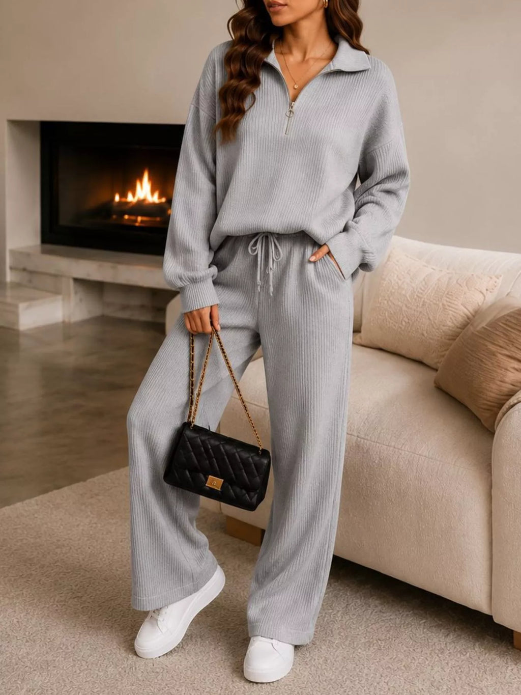 Ribbed Knit Quarter-Zip Top and Wide-Leg Pants Set