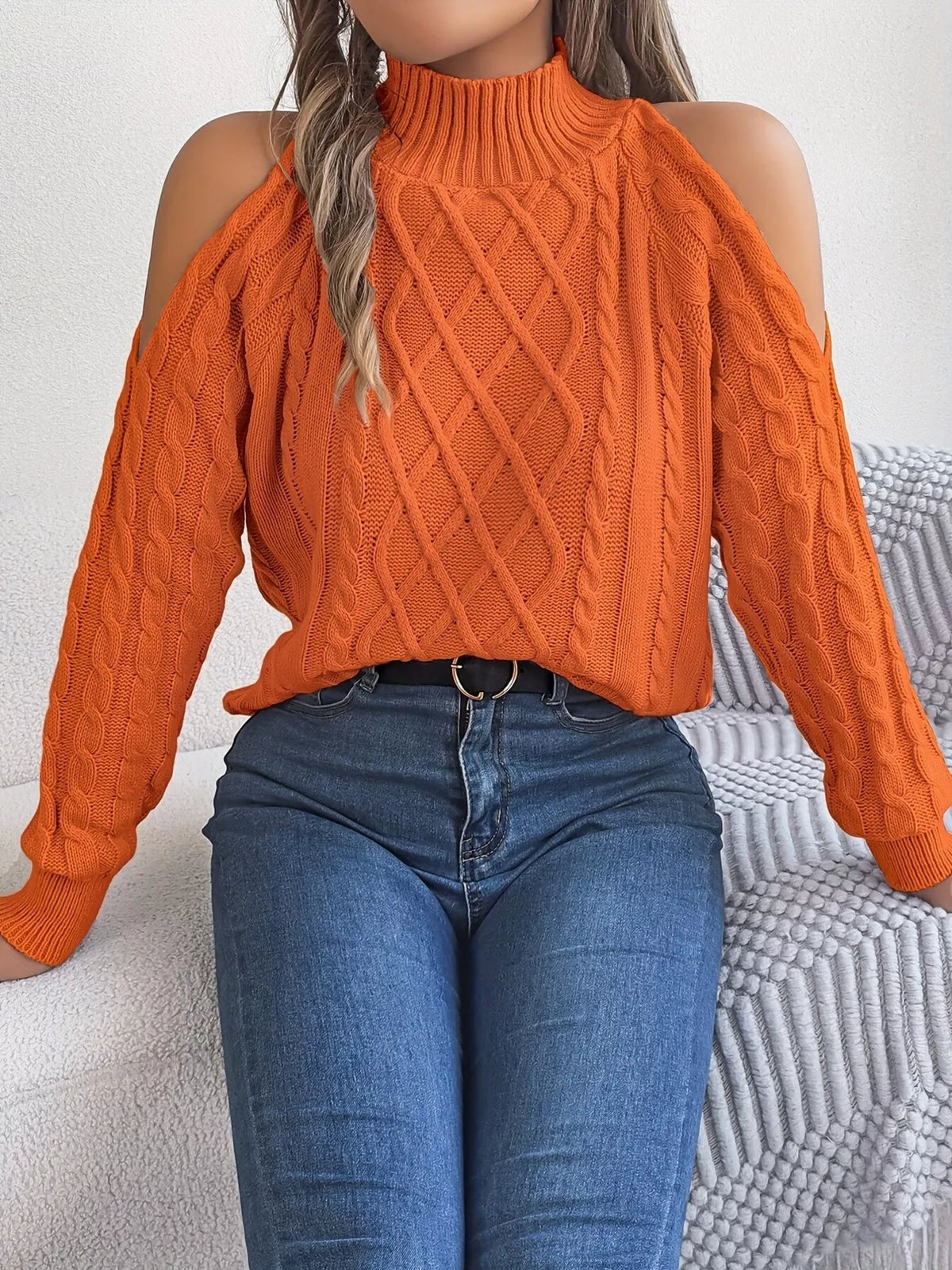 Cold-Shoulder Cable Knit Sweater