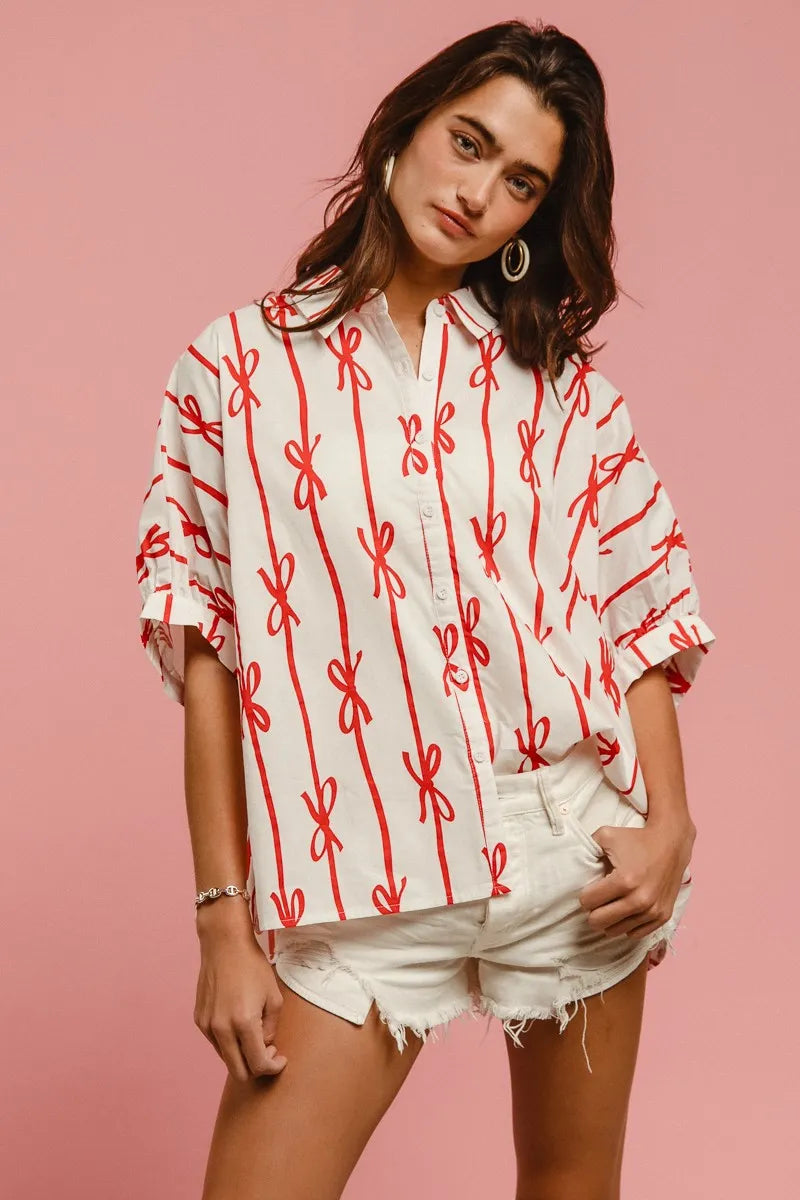 BiBi Bow Ribbon Woven Printed Button Down Shirt