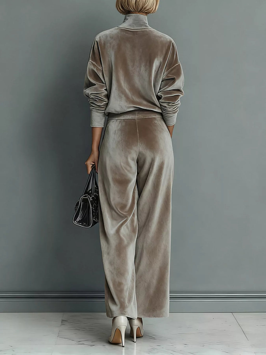 Full Size Elegant Velvet Mock Neck Long Sleeve Top and Wide-Leg Pants Set Plus Size