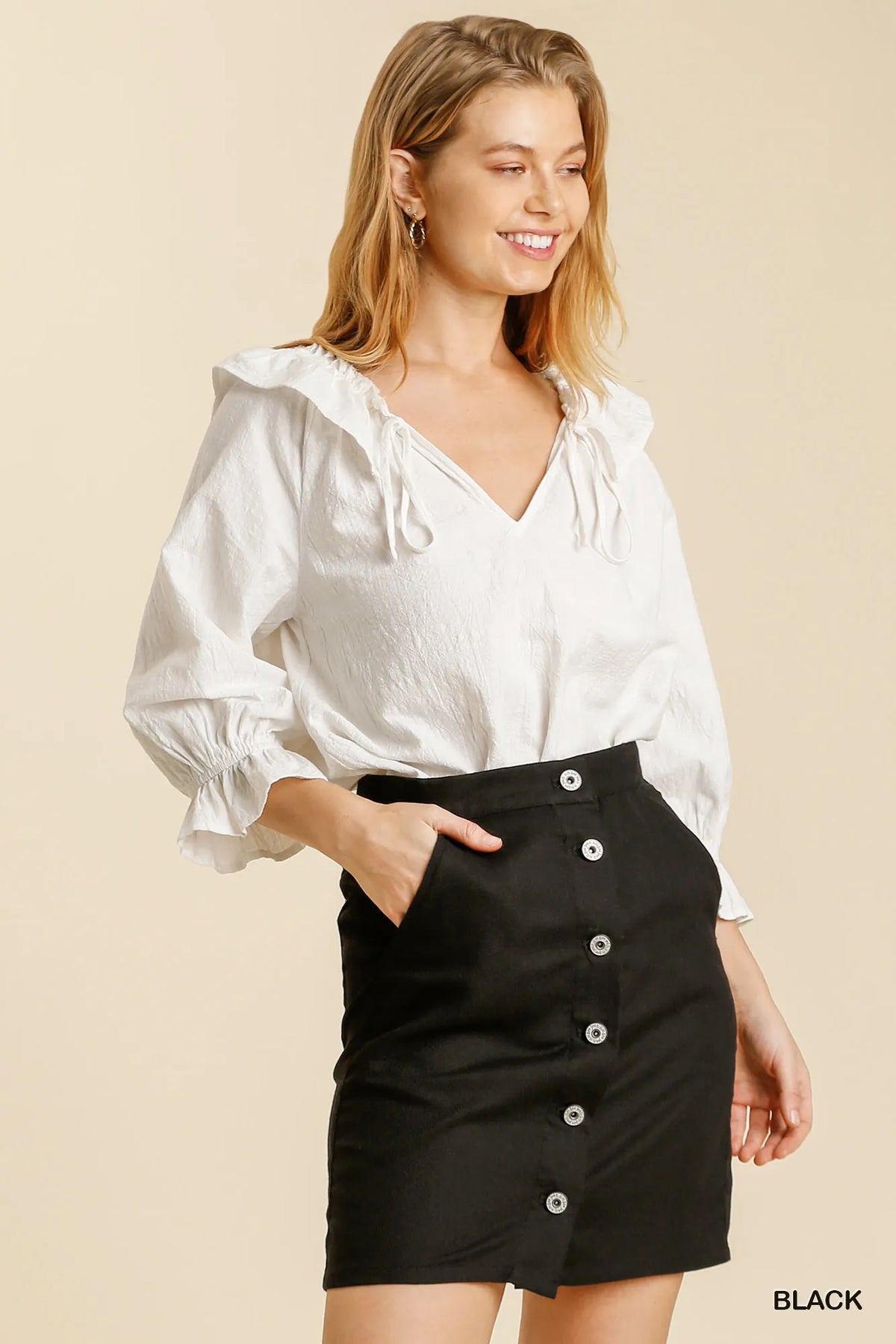 Umgee Linen Blend Button Down Skirt with Pockets