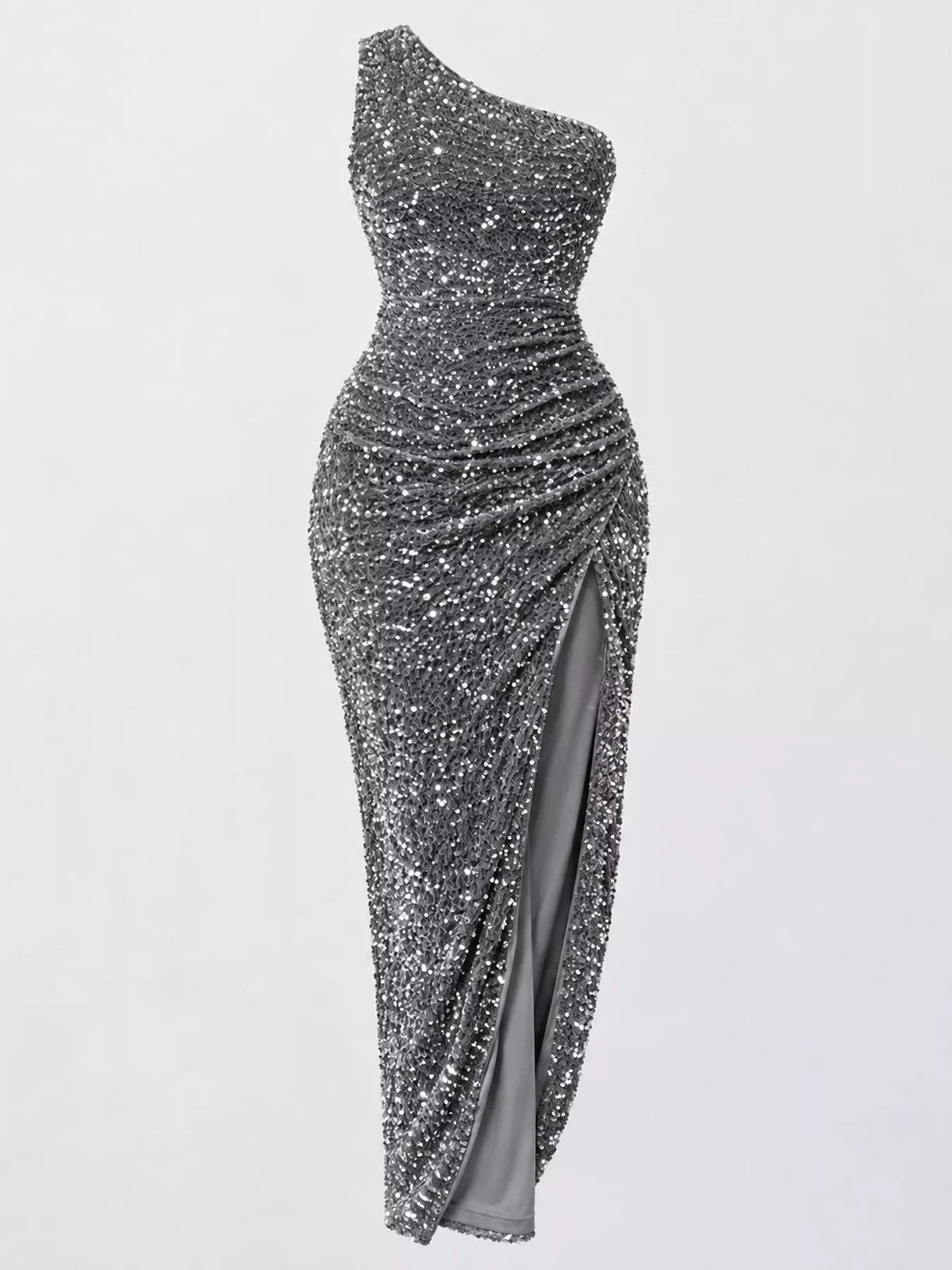 One-Shoulder Ruched Sequin High-Slit Evening Dress