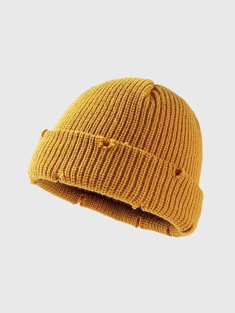 Distressed Cuffed Ribbed Knit Beanie