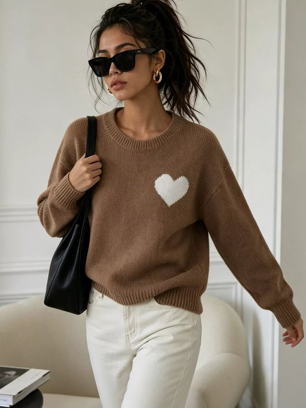 Heart Pattern Round Neck Sweater