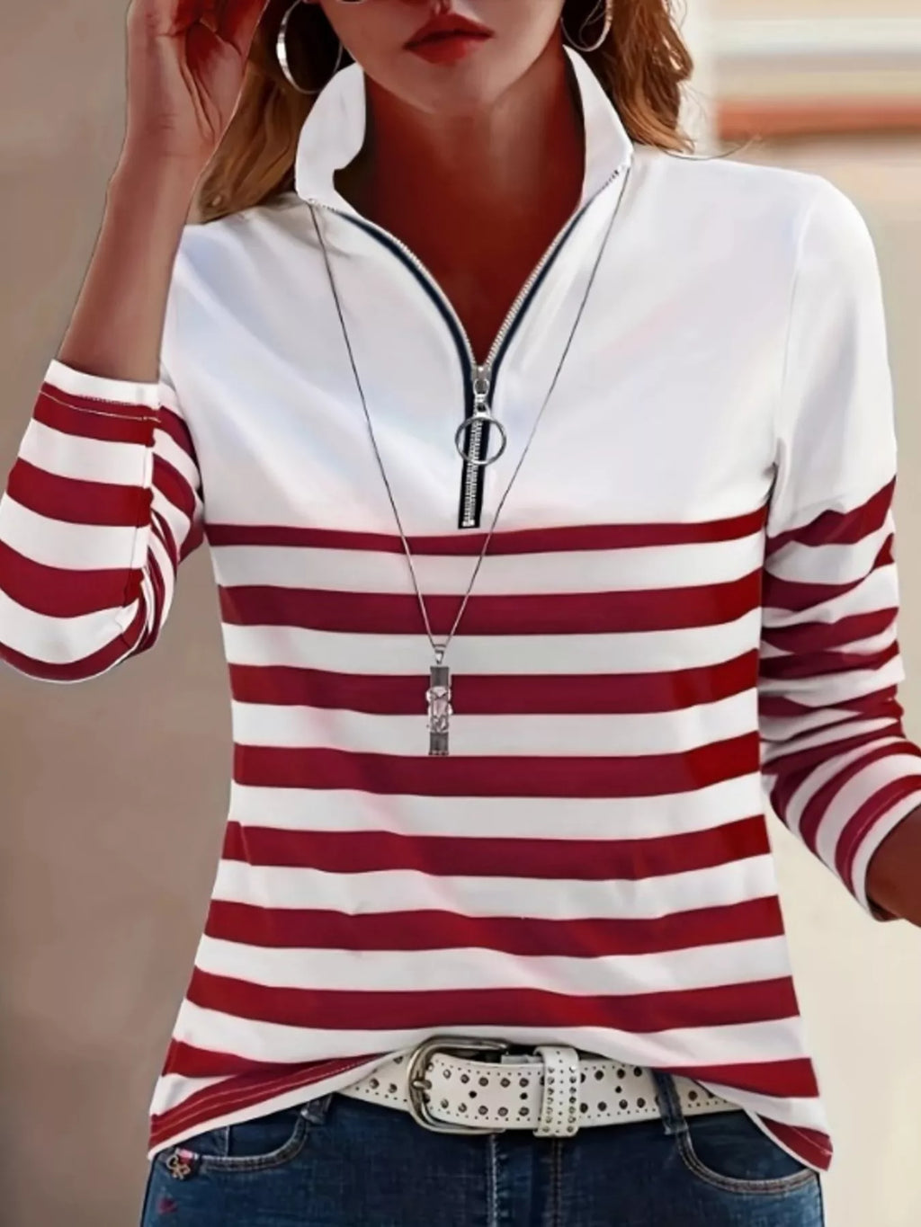 Quarter-Zip Striped Long Sleeve T-Shirt