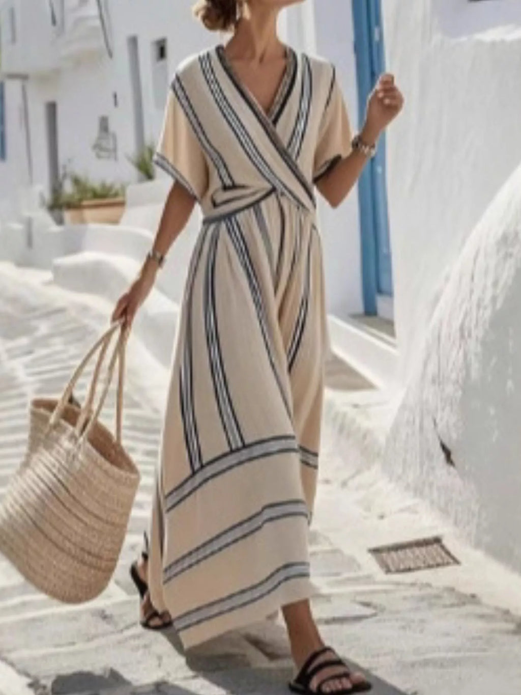 Full Size Striped Surplice Half Sleeve Midi Dress Plus Size