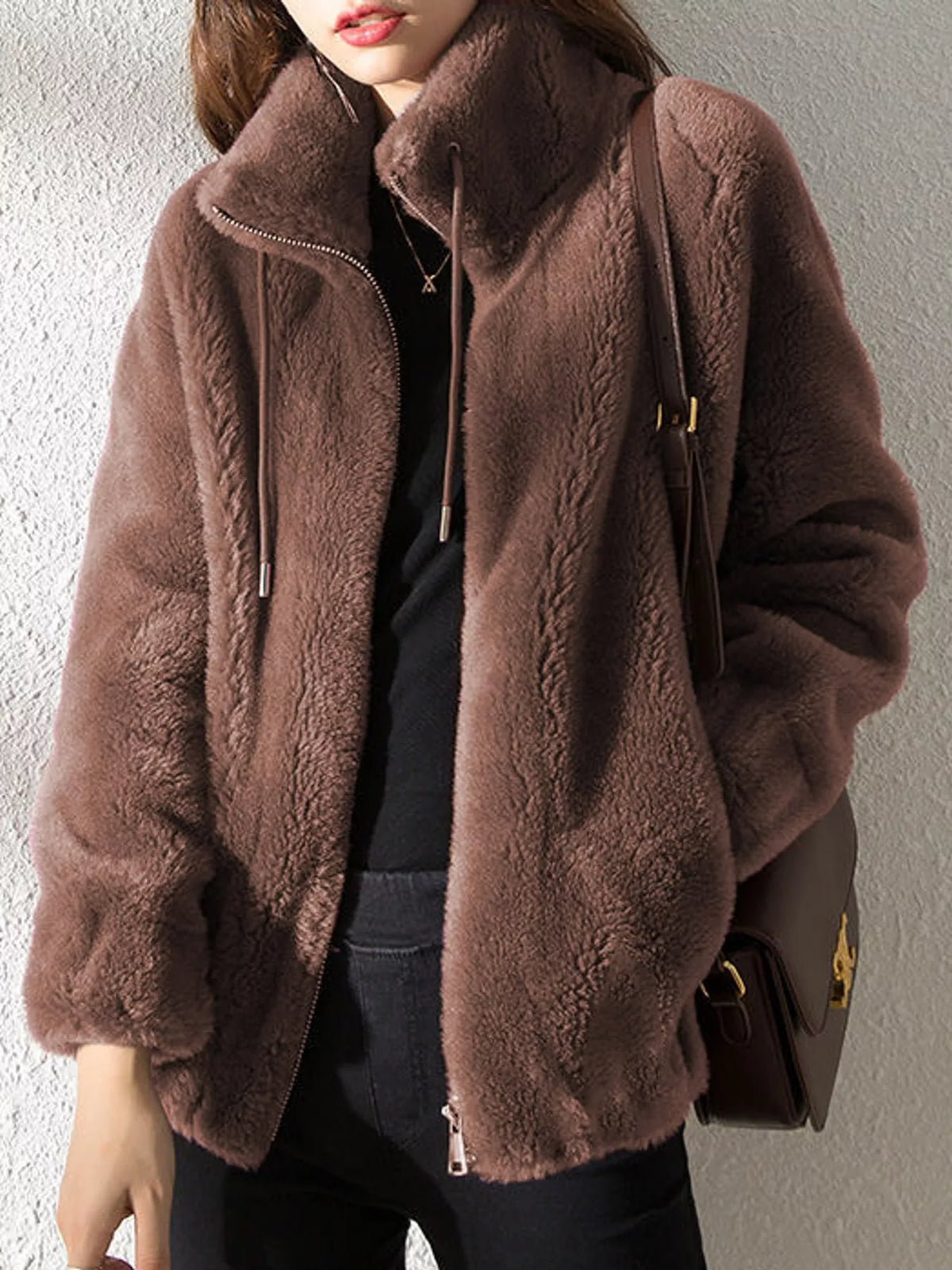 Full Size Drawstring Faux Fur Stand-Collar Zip-Up Outerwear Plus Size
