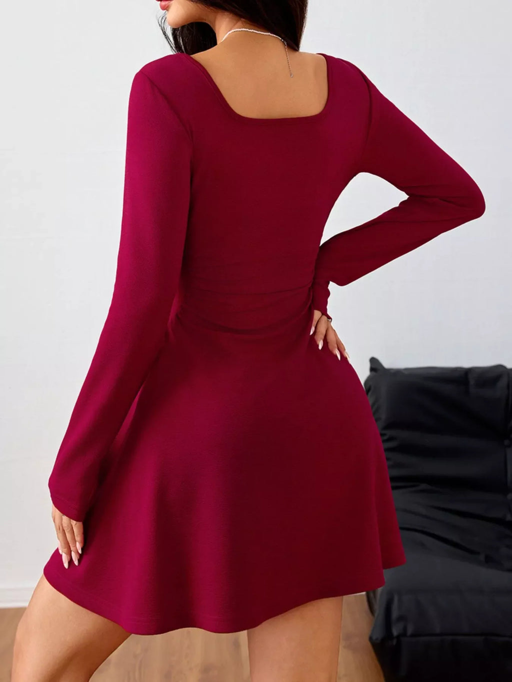 Square Neck Long Sleeve Ruched Waist Mini Dress