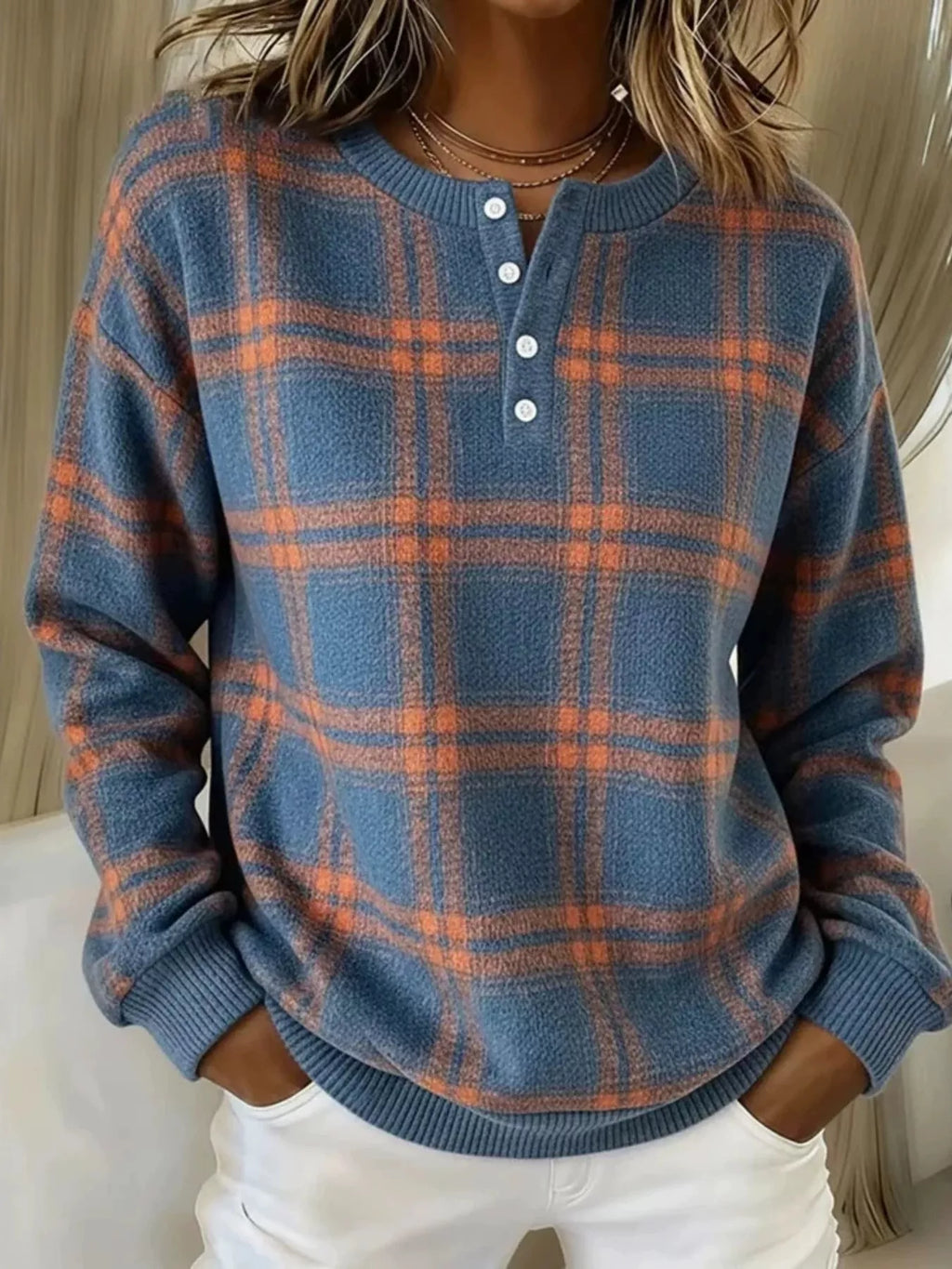 Full Size Plaid Button Detail Long Sleeve Sweatshirt Plus Size