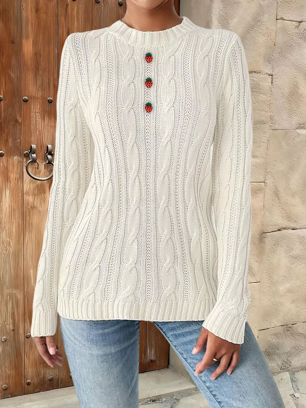 Strawberry Embellished Cable Knit Round Neck Sweater