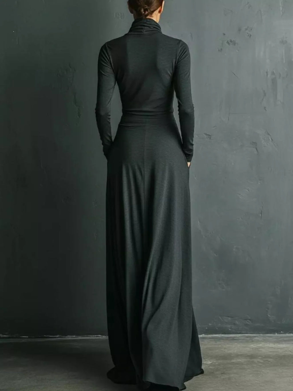 Turtleneck Long-Sleeve Draped Maxi Dress