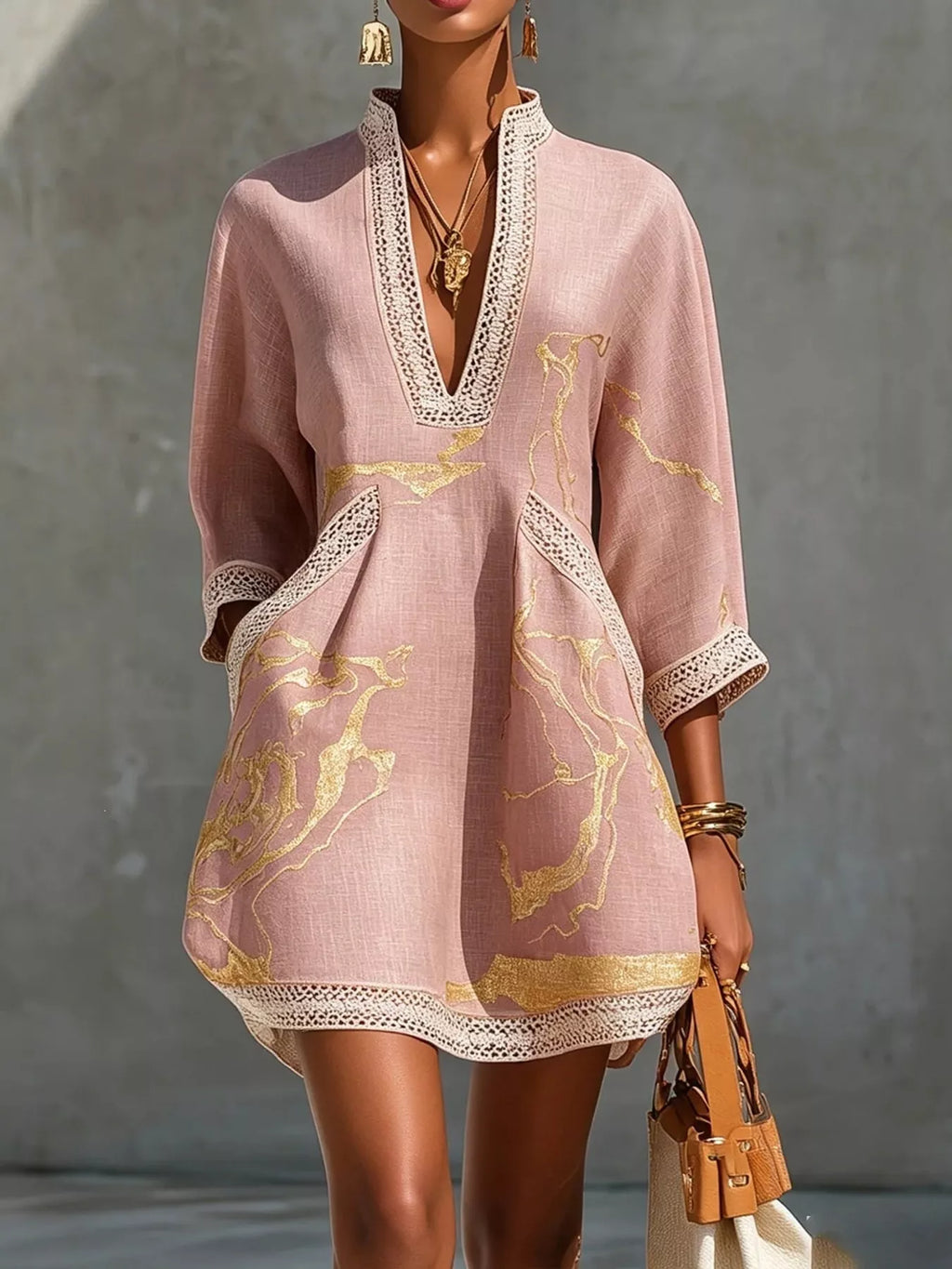Notched 3/4 Sleeve Mini Dress