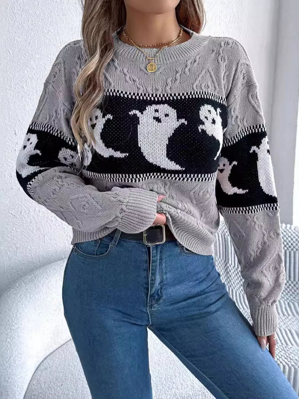 Halloween Ghost Pattern Textured Sweater
