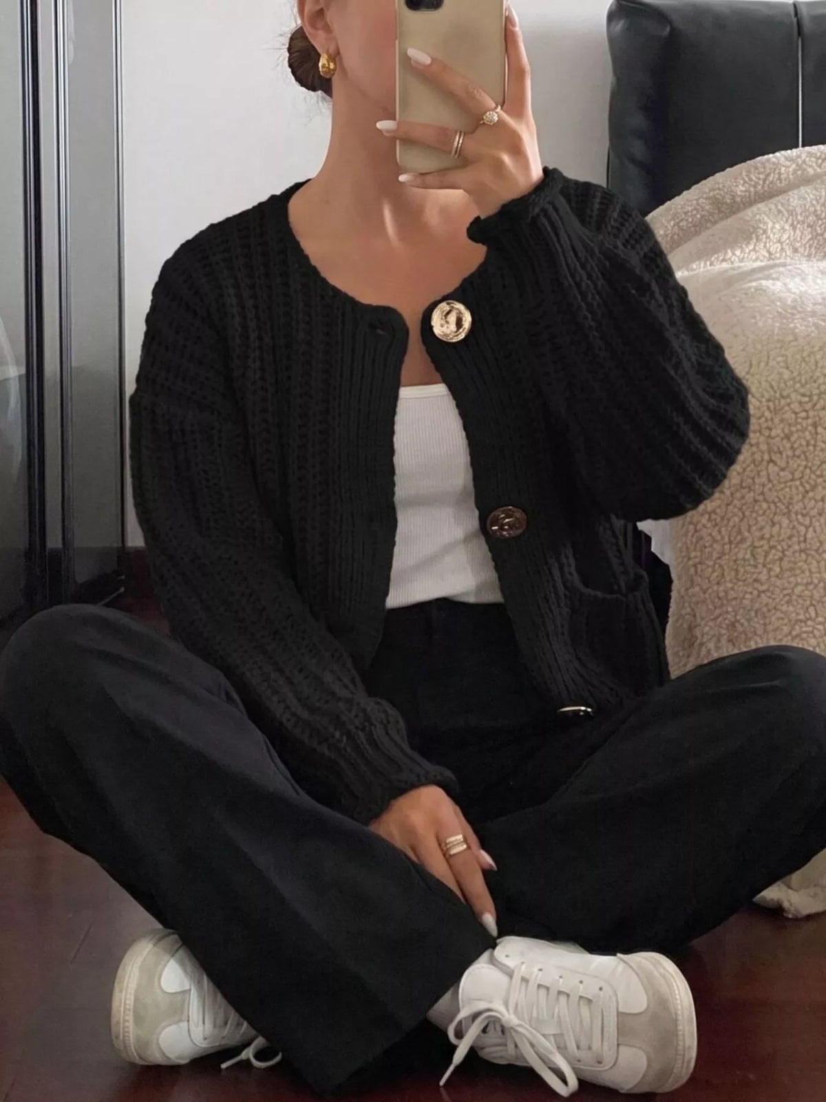 Ribbed Knit Cardigan with Gold-Tone Buttons