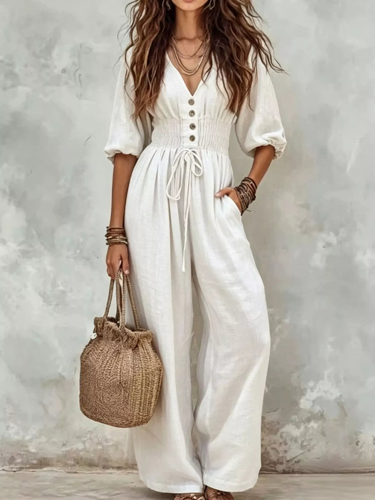 V-Neck Smocked Waist Wide-Leg Jumpsuit