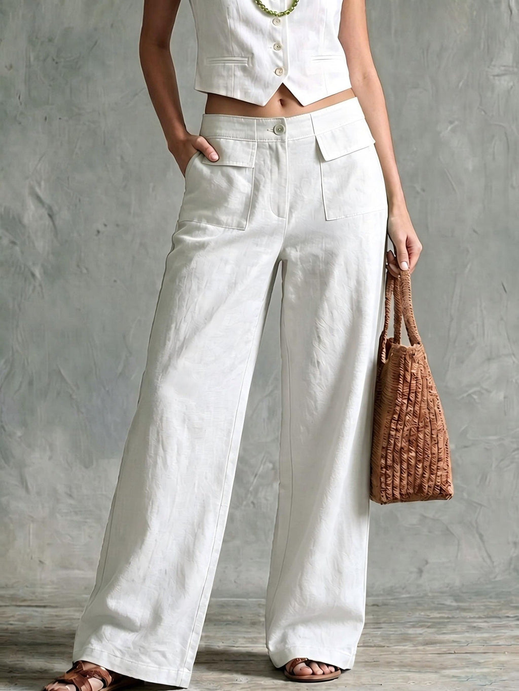 Women's Solid Color Loose Fit Casual Pants - Elastic Waist Trousers for Daily Wear