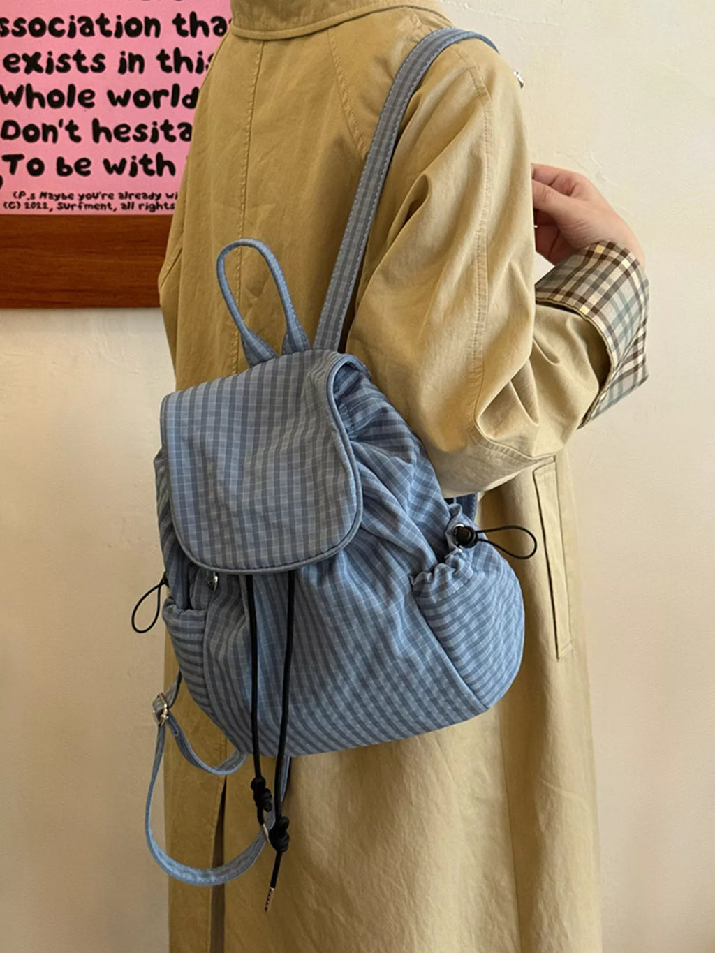 Plaid Drawstring Closure Backpack Bag
