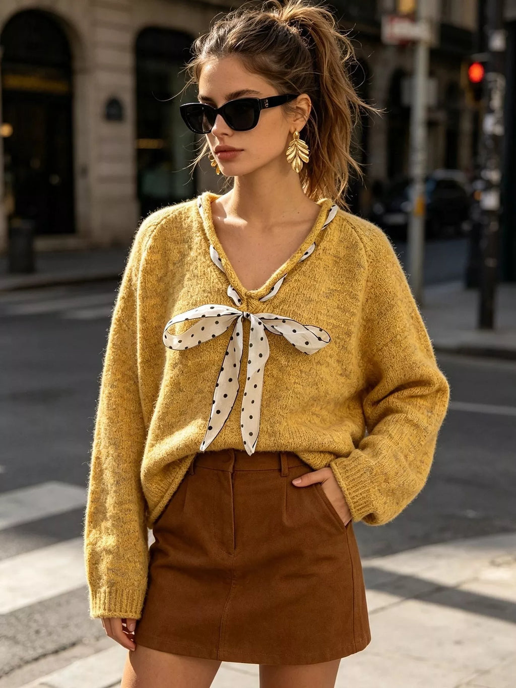 Chic V-Neck Sweater with Polka Dot Ribbon Tie