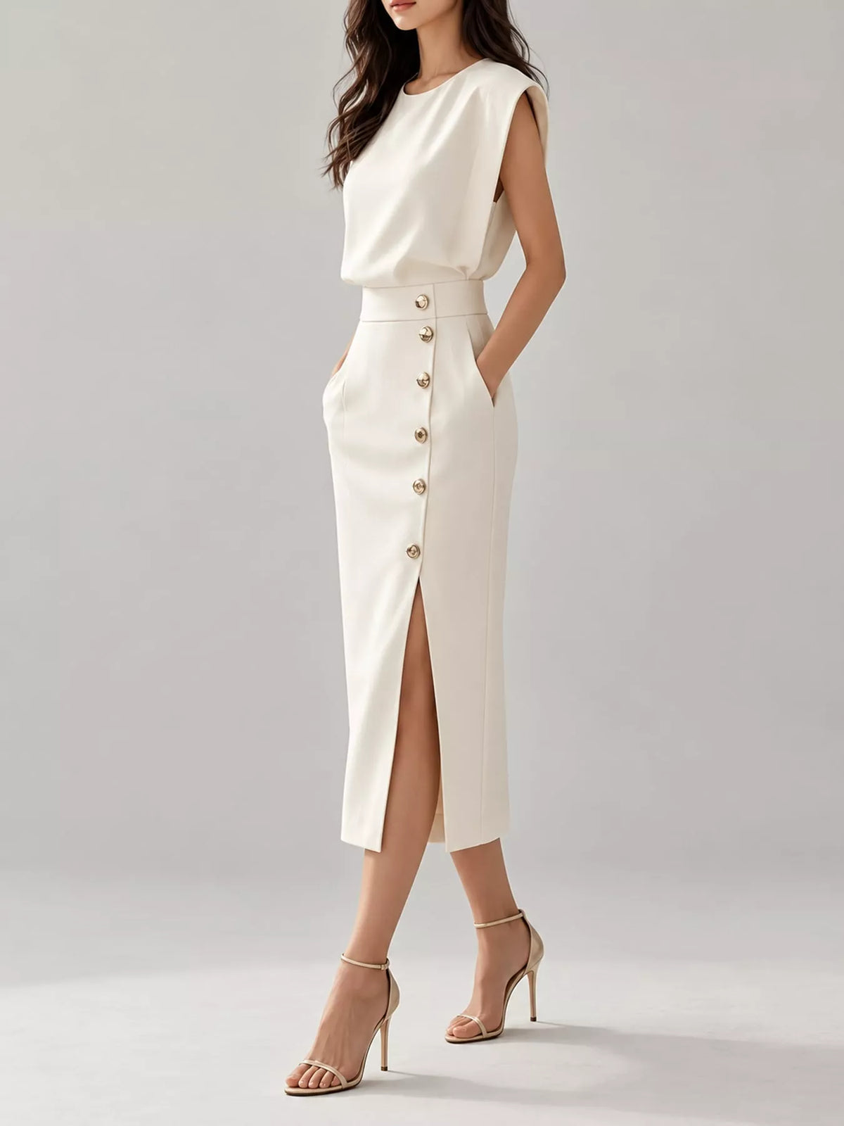 Sleeveless Midi Dress with Gold Button Detail and Side Slit